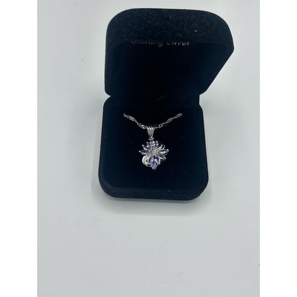 Sterling Silver Flower Pendant Necklace with Crystal Accents Adjustable